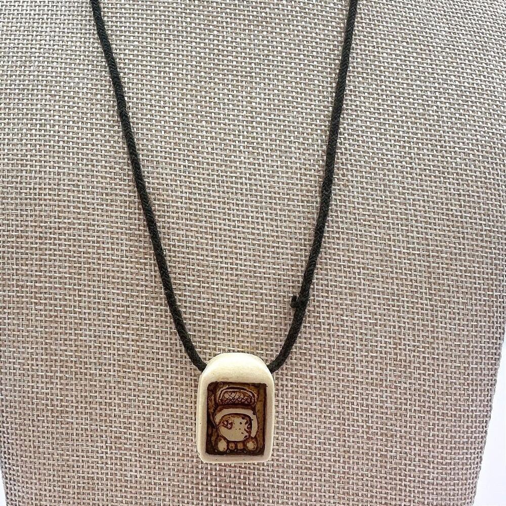 Vintage 50s Hand Carved Mayan Ajaw Glyph Bone Pendant Mexican Folk Art Jewelry